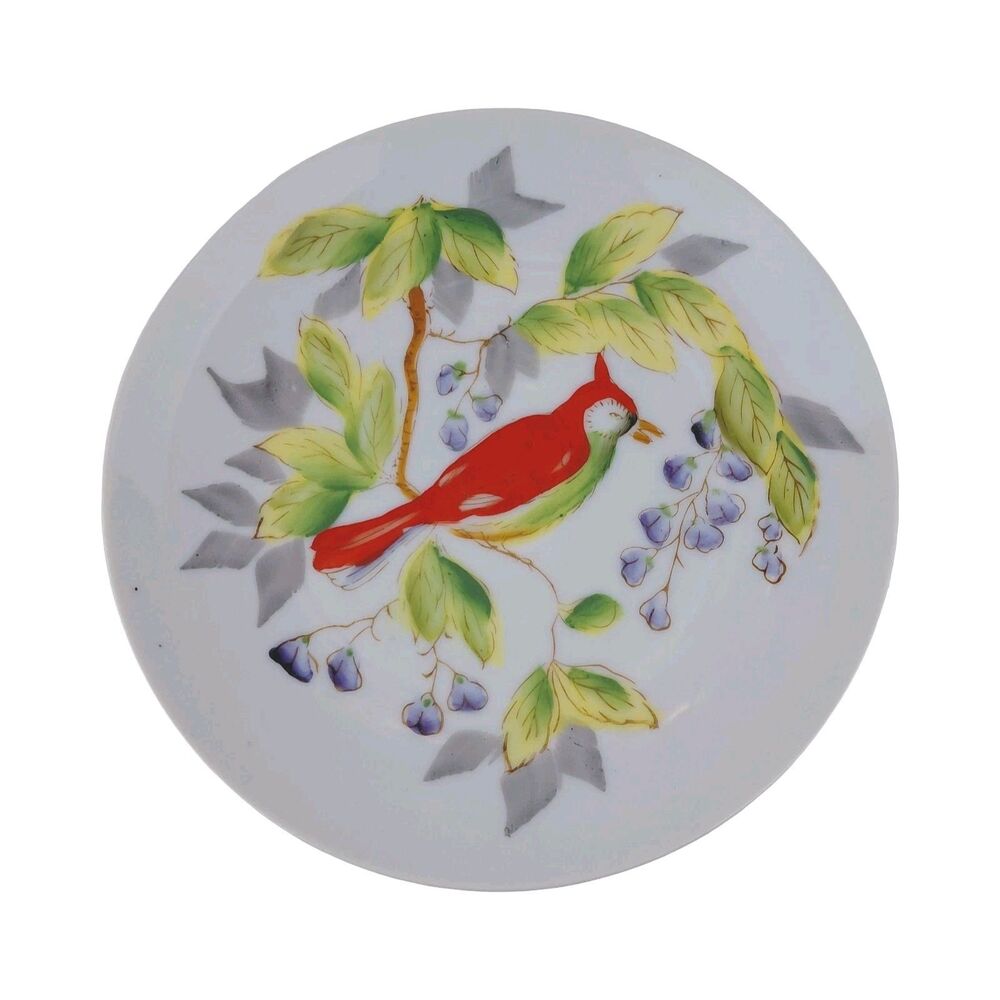 Vintage Red Bird Plate Gold Accent Plate Wall Medium Size Tropical 1970s 7"